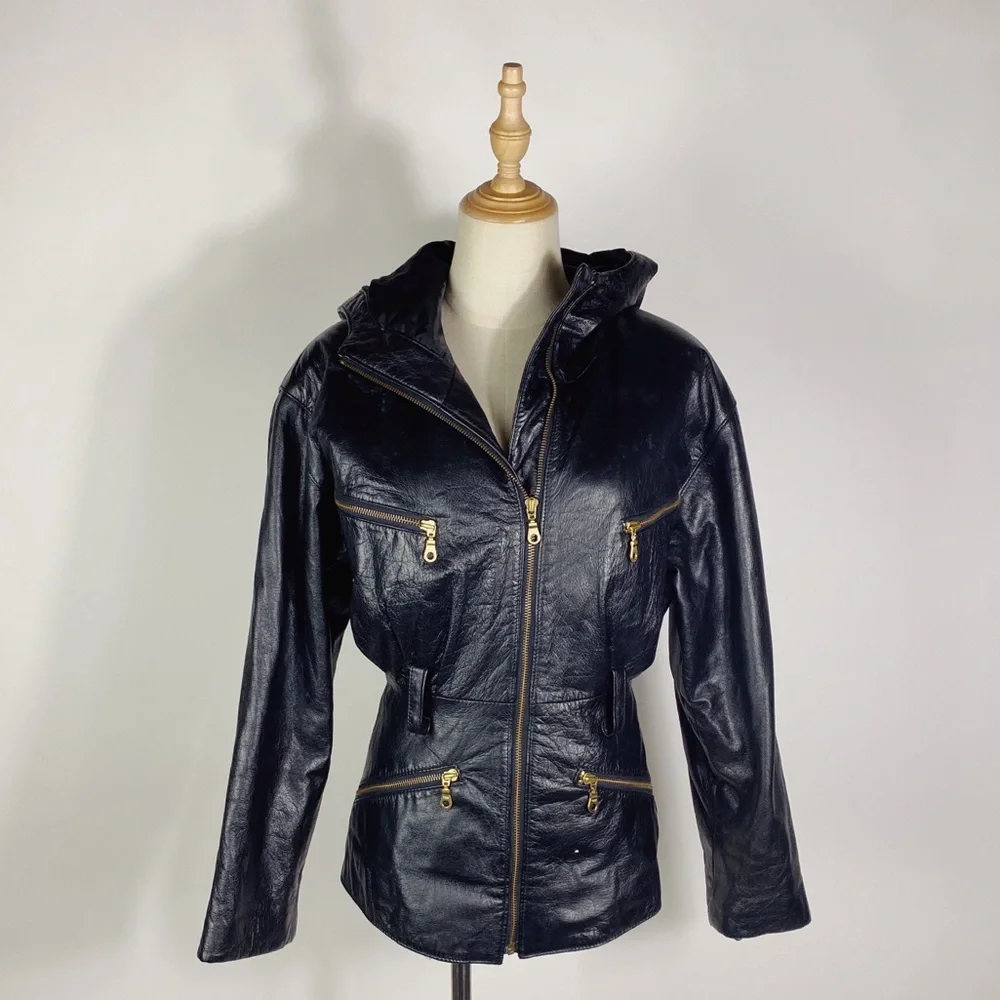 VINTAGE WILSONS Womens 90s Leather Hooded Moto Jacket Gold Tone Hardware XS - Picture 1 of 12
